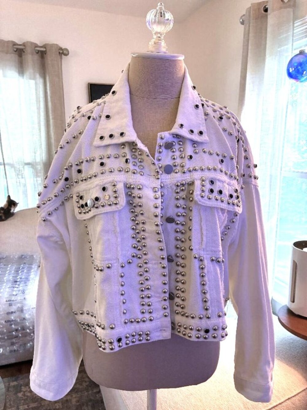 Womens Kiwi *Oversized" Studded White Denim Jacket Country Western Boho Cowgirl